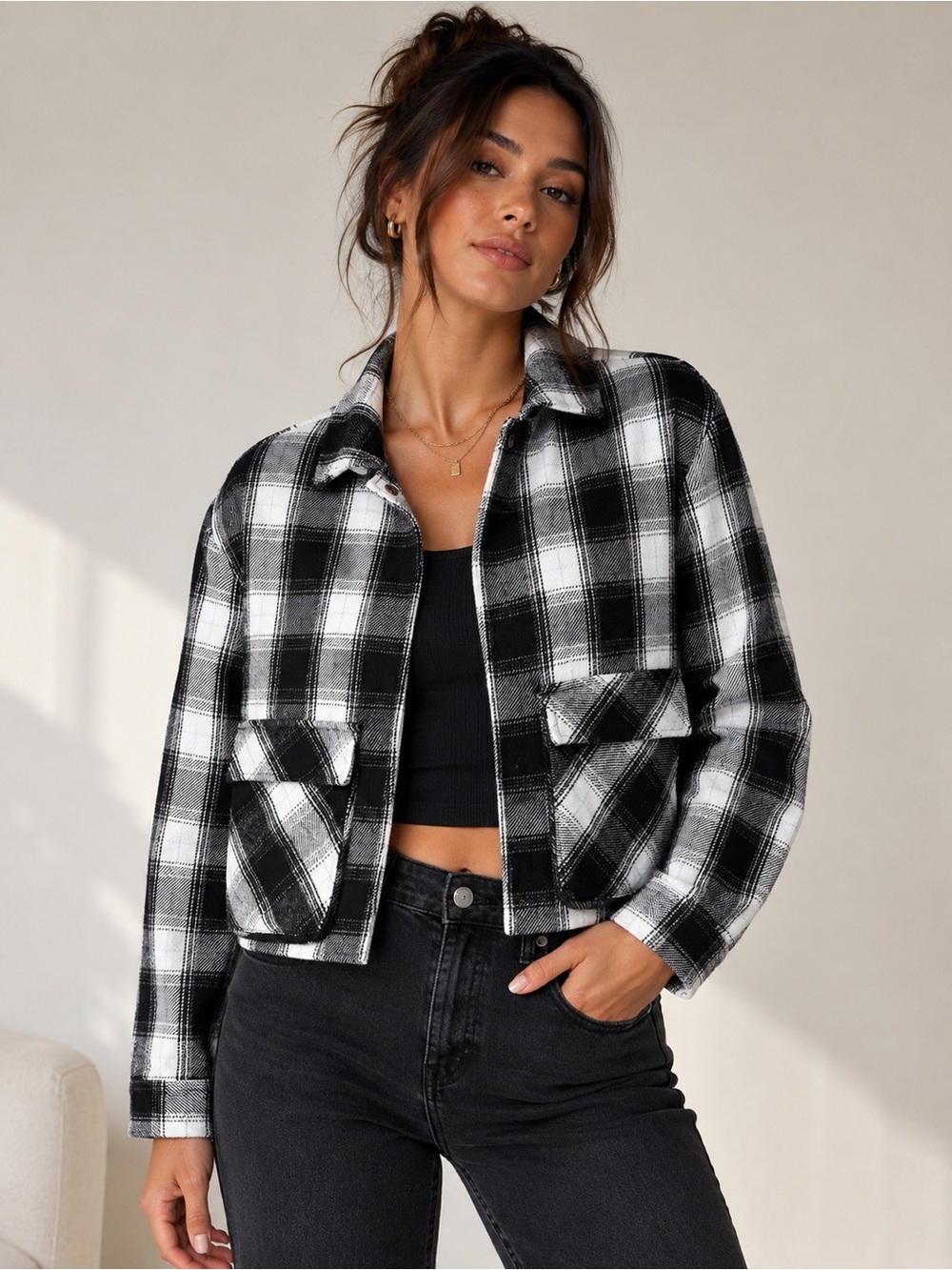 Lucky Brand Black White Plaid Cropped Shacket Jacket Small NWT